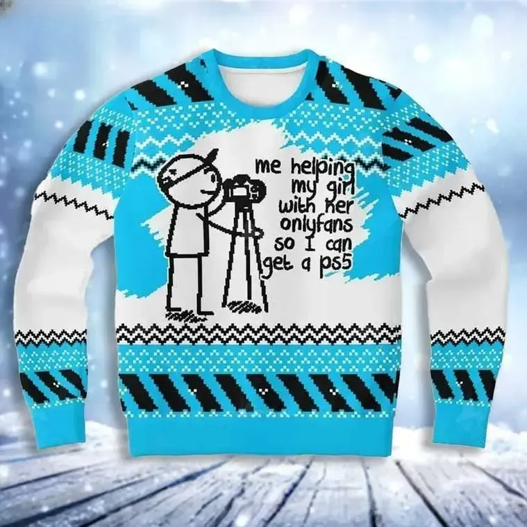 PS5 Helping My Girl With Her OnlyFans Funny Ugly Christmas Sweater, Gamer Meme Stick Figure Holiday Sweater, Video Game Xmas Sweater