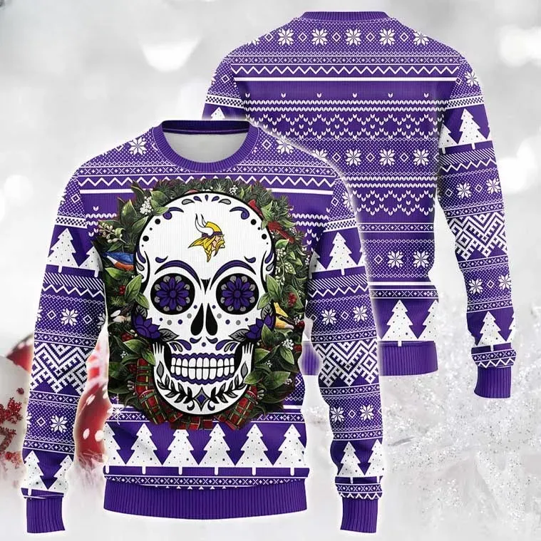 Minnesota Vikings Skull Flower Ugly Christmas Sweater, Purple Sugar Skull Football Holiday Sweater, Skol Fan Xmas Sweater for Him or Her