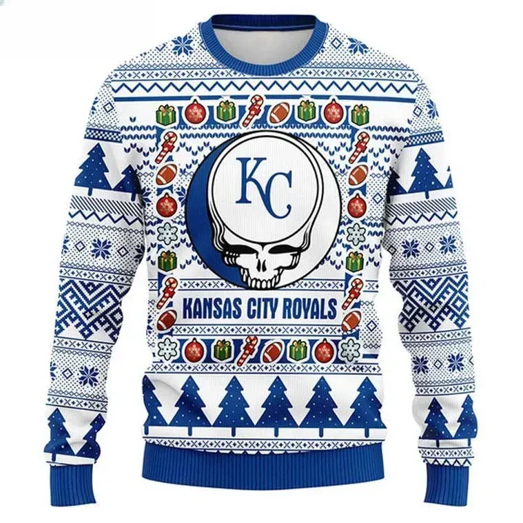 MLB Kansas City Royals Grateful Dead Ugly Christmas Sweater, White and Royal Blue Deadhead Skull Baseball Holiday Sweater, KC Fan Xmas Sweater