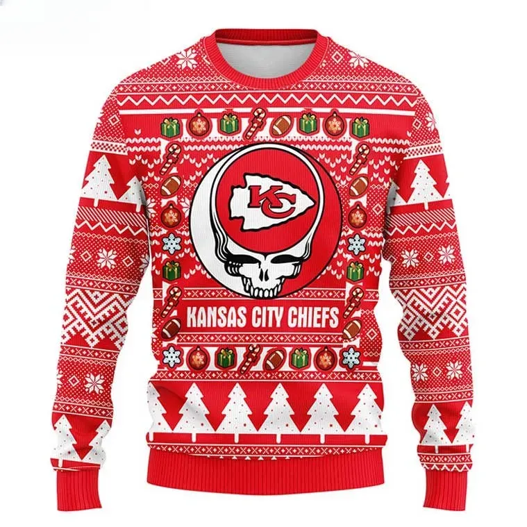 NFL Kansas City Chiefs Grateful Dead Skull Ugly Christmas Sweater, Football Fan Holiday Sweater, Unisex All Over Print Xmas Sweatshirt