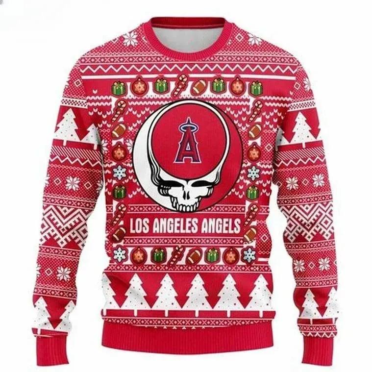 MLB Los Angeles Angels Grateful Dead Ugly Christmas Sweater, Red Deadhead Skull Baseball Holiday Sweater, Halo Fan Unisex Xmas Sweater