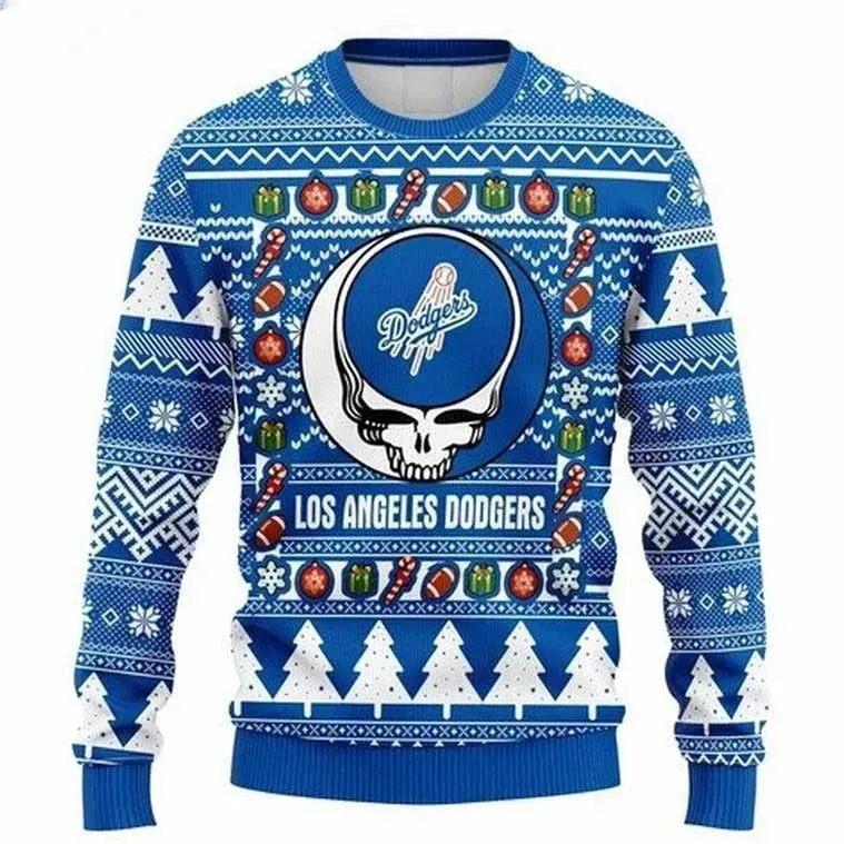 MLB Los Angeles Dodgers Grateful Dead Ugly Christmas Sweater, Dodger Blue Deadhead Skull Baseball Holiday Sweater, LA Fan Unisex Xmas Sweater