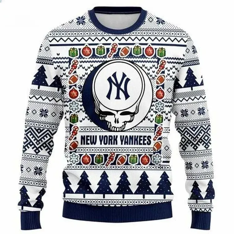 MLB New York Yankees Grateful Dead Ugly Christmas Sweater, White and Navy Deadhead Skull Baseball Holiday Sweater, Bronx Fan Xmas Sweater