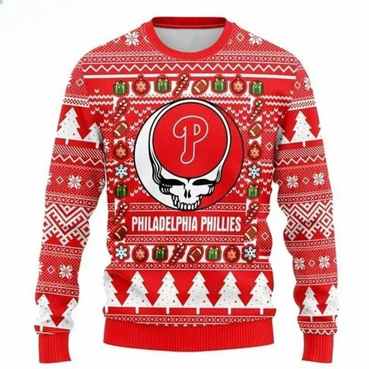 MLB Philadelphia Phillies Grateful Dead Ugly Christmas Sweater, Red Deadhead Skull Baseball Holiday Sweater, Unisex All Over Print Xmas Sweater