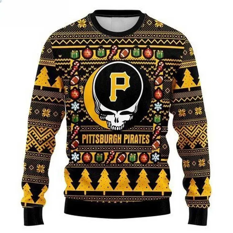MLB Pittsburgh Pirates Grateful Dead Ugly Christmas Sweater, Black and Gold Deadhead Skull Baseball Holiday Sweater, Bucs Fan Xmas Sweater