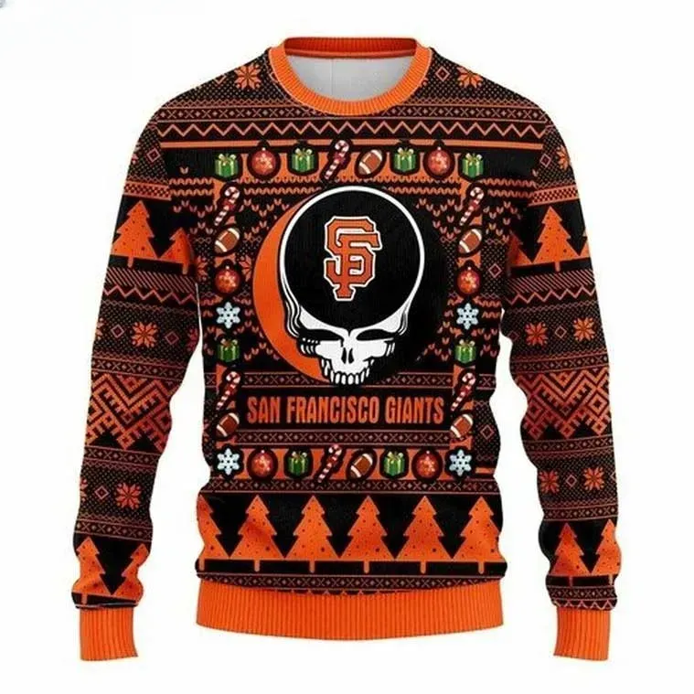 MLB San Francisco Giants Grateful Dead Ugly Christmas Sweater, Black and Orange Deadhead Skull Baseball Holiday Sweater, Bay Area Xmas Sweater