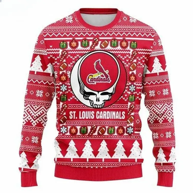 MLB St Louis Cardinals Grateful Dead Ugly Christmas Sweater, Red Deadhead Skull Baseball Holiday Sweater, Unisex All Over Print Xmas Sweater