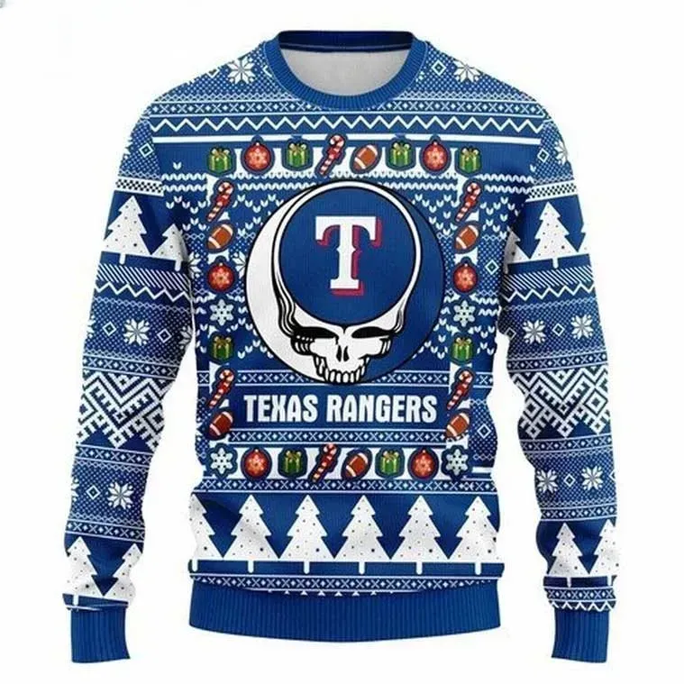 MLB Texas Rangers Grateful Dead Ugly Christmas Sweater, Royal Blue Deadhead Skull Baseball Holiday Sweater, Unisex All Over Print Xmas Sweater