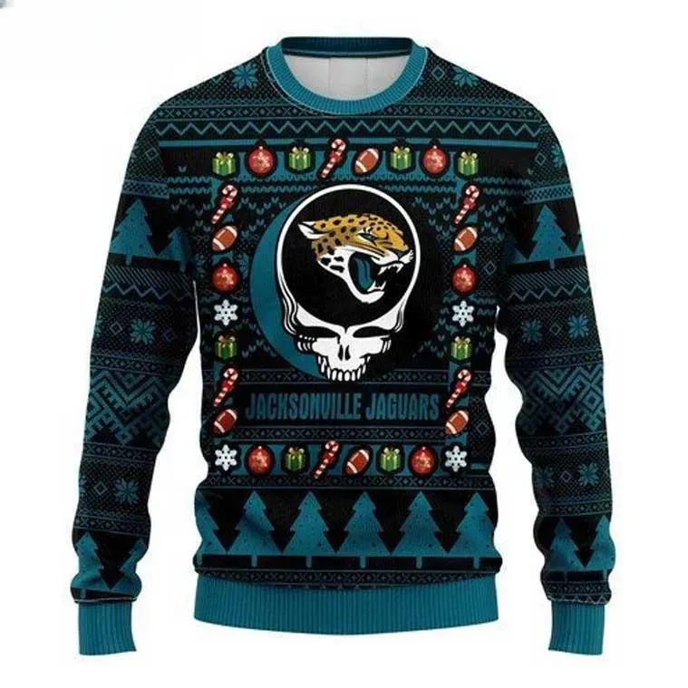NFL Jacksonville Jaguars Grateful Dead Ugly Christmas Sweater, Teal and Black Deadhead Skull Football Holiday Sweater, Duval Fan Xmas Sweater