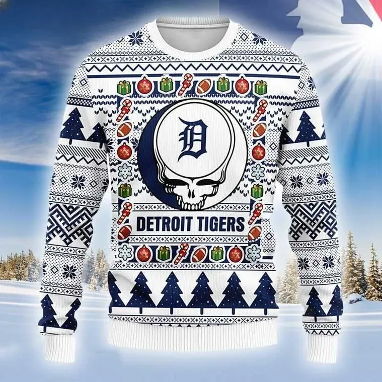 MLB Detroit Tigers Grateful Dead Ugly Christmas Sweater, White and Navy Deadhead Skull Baseball Holiday Sweater, Motor City Fan Xmas Sweater