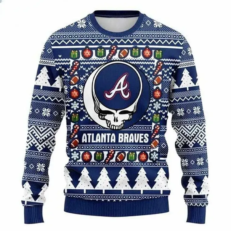MLB Atlanta Braves Grateful Dead Ugly Christmas Sweater, Navy Deadhead Skull Baseball Holiday Sweater, Unisex All Over Print Xmas Sweater
