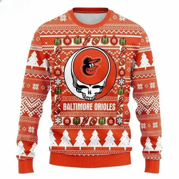 MLB Baltimore Orioles Grateful Dead Ugly Christmas Sweater, Orange Deadhead Skull Baseball Holiday Sweater, Unisex All Over Print Xmas Sweater