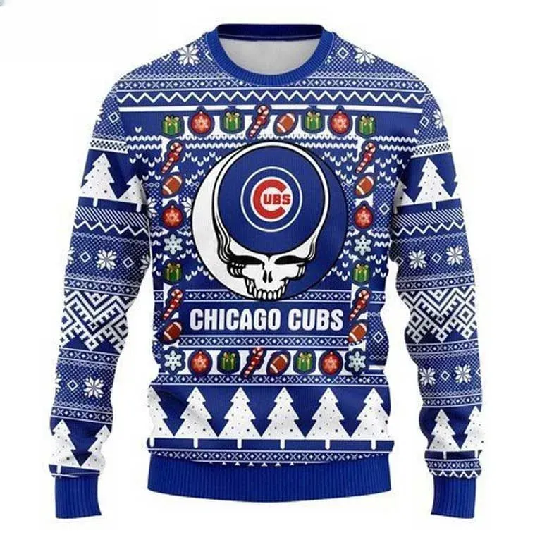 MLB Chicago Cubs Grateful Dead Ugly Christmas Sweater, Royal Blue Deadhead Skull Baseball Holiday Sweater, Wrigley Fan Unisex Xmas Sweater