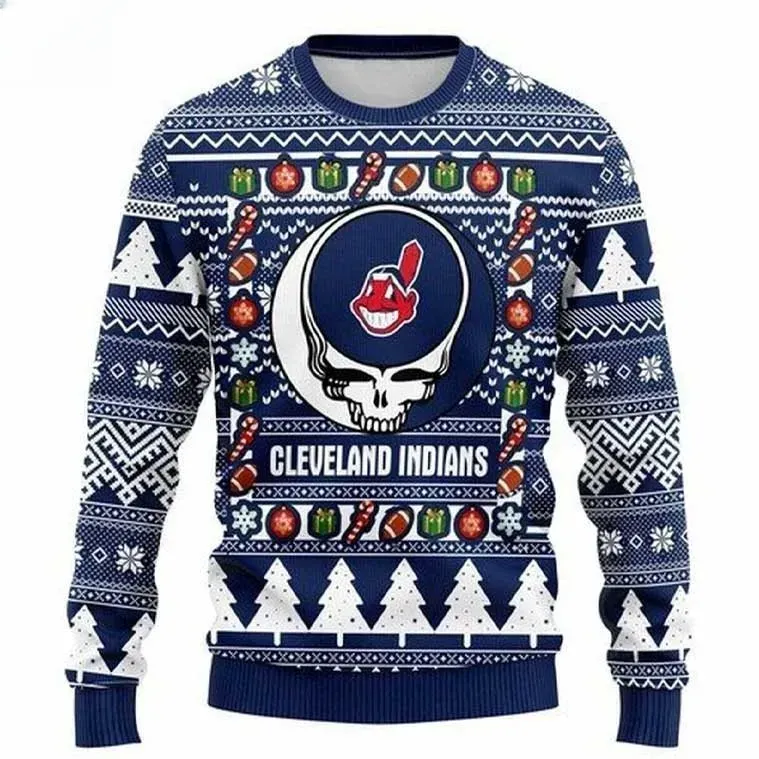 MLB Cleveland Indians Grateful Dead Ugly Christmas Sweater, Navy Deadhead Skull Baseball Holiday Sweater, Unisex All Over Print Xmas Sweater