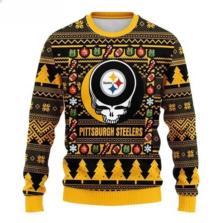 NFL Pittsburgh Steelers Grateful Dead Ugly Christmas Sweater, Black and Gold Deadhead Skull Football Holiday Sweater, Unisex Xmas Sweater
