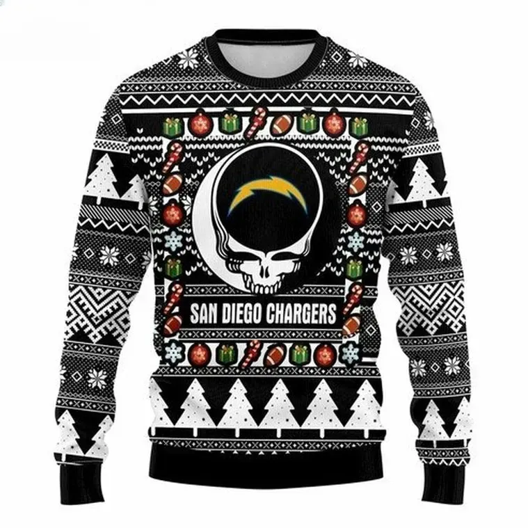 NFL San Diego Chargers Grateful Dead Deadhead Skull Ugly Christmas Sweater, Bolts Football Holiday Sweater, Unisex All Over Print Xmas Sweater
