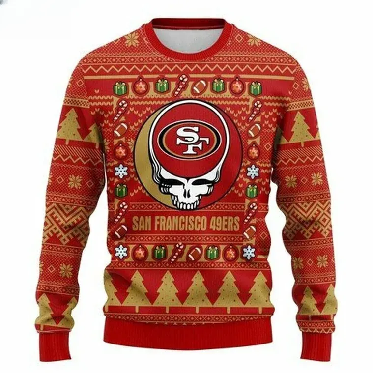 NFL San Francisco 49ers Grateful Dead Steal Your Face Skull Ugly Christmas Sweater, Niners Football Holiday Sweater, Unisex Xmas Sweater