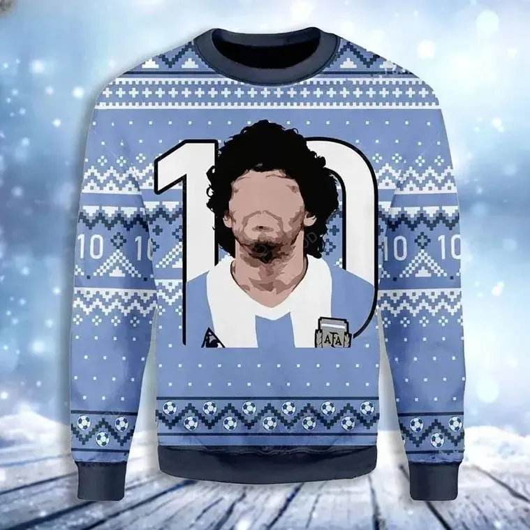 10 Diego Maradona Argentina Soccer Legend Ugly Christmas Sweater, Sky Blue Football Holiday Sweater, Unisex All Over Print Xmas Sweatshirt