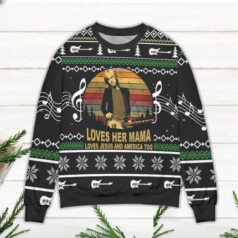 Tom Petty Free Fallin' Ugly Christmas Sweater, Loves Her Mama Lyric Vintage Rock Music Holiday Sweater, Unisex All Over Print Xmas Sweater