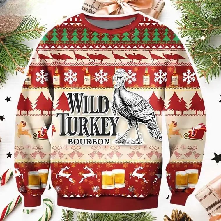 Wild Turkey Bourbon Whiskey Ugly Christmas Sweater, Funny Liquor Lover Holiday Sweater, Unisex Xmas Party Sweatshirt for Dad