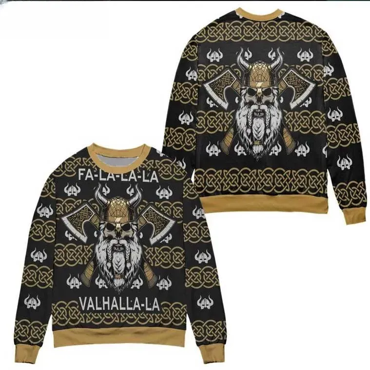 Viking Fa-La-La-La Valhalla-La Ugly Christmas Sweater, Horned Skull Warrior Norse Mythology Holiday Sweater, Unisex All Over Print Xmas Sweater