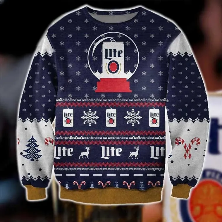 Miller Lite Beer Can Snow Globe Ugly Christmas Sweater, Funny Drinking Buddy Holiday Party Sweater, Unisex Xmas Sweatshirt for Him or Her