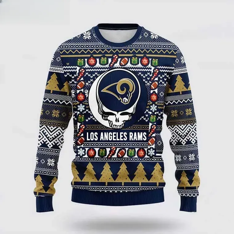 NFL Los Angeles Rams Grateful Dead Steal Your Face Skull Ugly Christmas Sweater, SoCal Football Holiday Sweater, Unisex Xmas Sweater