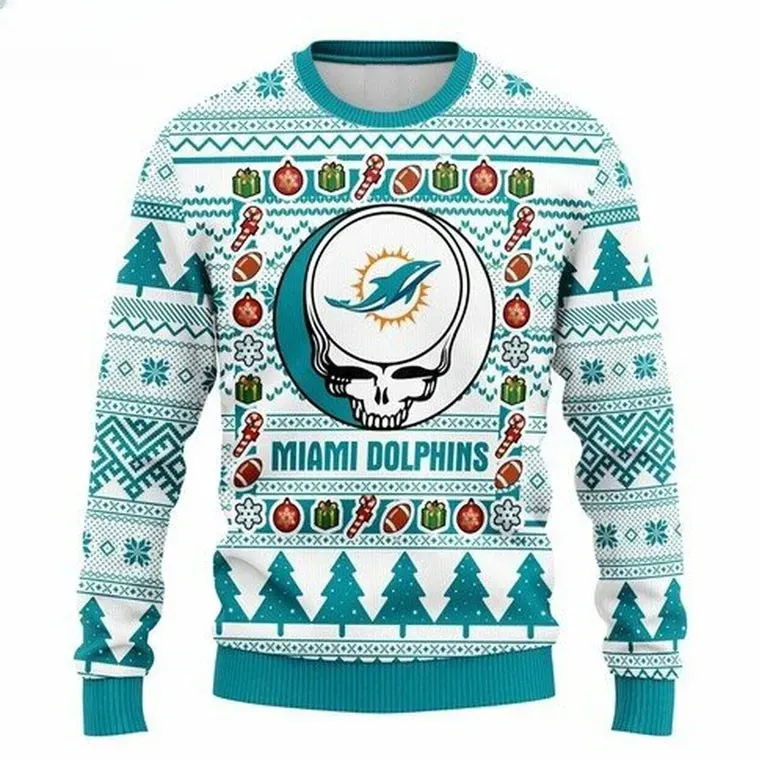 NFL Miami Dolphins Grateful Dead Steal Your Face Skull Ugly Christmas Sweater, Aqua Fins Football Holiday Sweater, Unisex Xmas Sweater