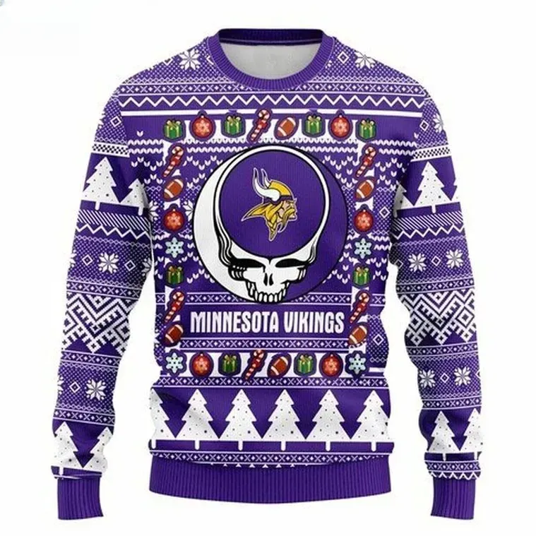 NFL Minnesota Vikings Grateful Dead Steal Your Face Skull Ugly Christmas Sweater, Skol Football Holiday Sweater, Unisex Xmas Sweater