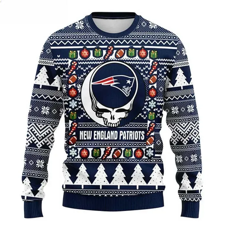 NFL New England Patriots Grateful Dead Steal Your Face Skull Ugly Christmas Sweater, Pats Football Holiday Sweater, Unisex Xmas Sweater