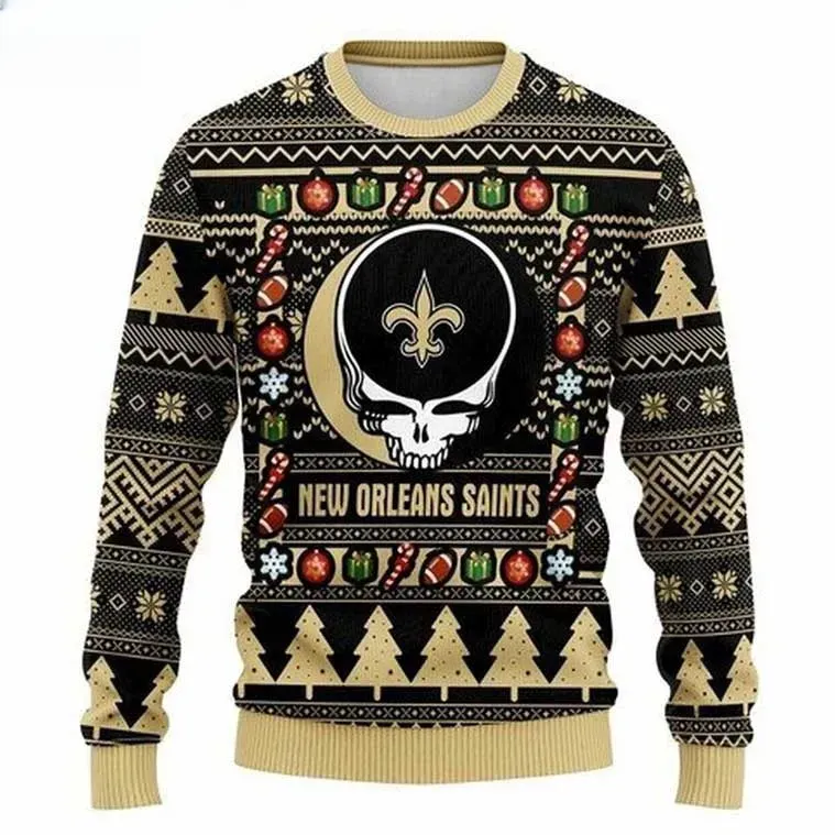 NFL New Orleans Saints Grateful Dead Steal Your Face Fleur De Lis Ugly Christmas Sweater, Who Dat Football Holiday Sweater, Xmas Sweater