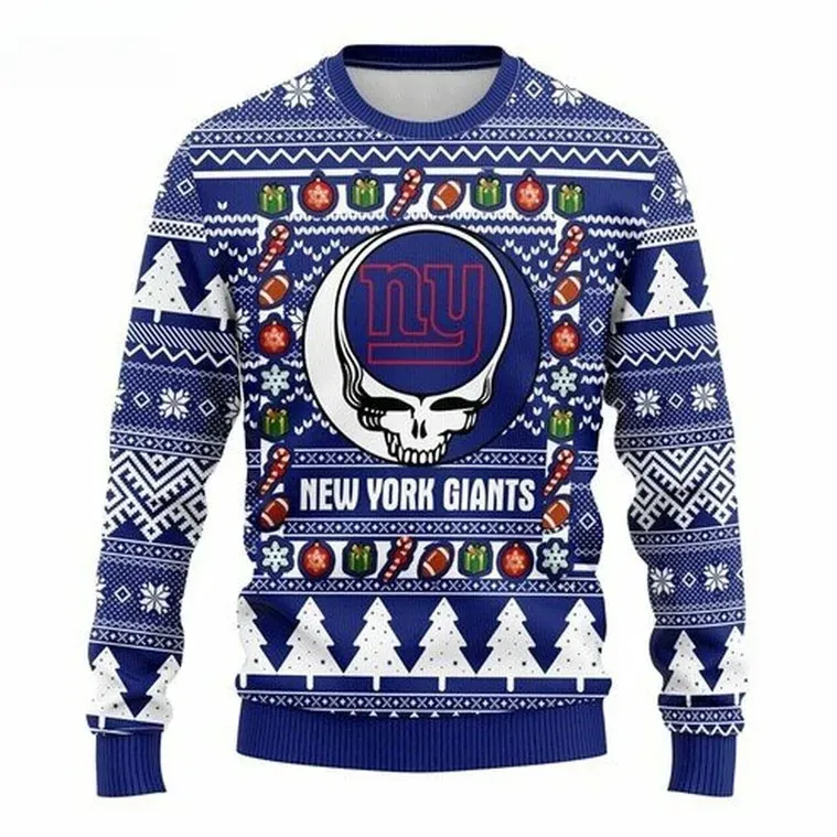 NFL New York Giants Grateful Dead Steal Your Face Ugly Christmas Sweater, Football Holiday Sweater, Unisex Xmas Sweatshirt for Fans