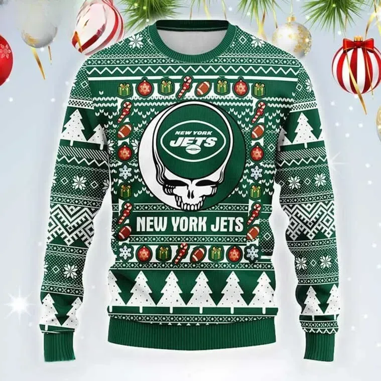 NFL New York Jets Grateful Dead Steal Your Face Skull Ugly Christmas Sweater, Gang Green Football Holiday Sweater, Unisex Xmas Sweater
