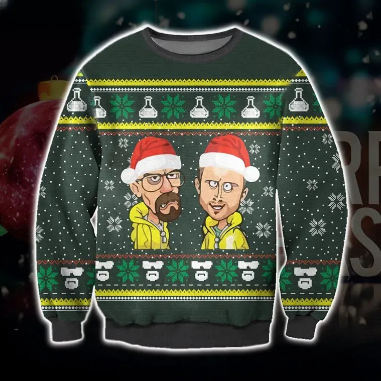 Breaking Bad Walter White and Jesse Pinkman Santa Hat Ugly Christmas Sweater, Cartoon Art TV Show Holiday Sweater, Unisex Xmas Sweater