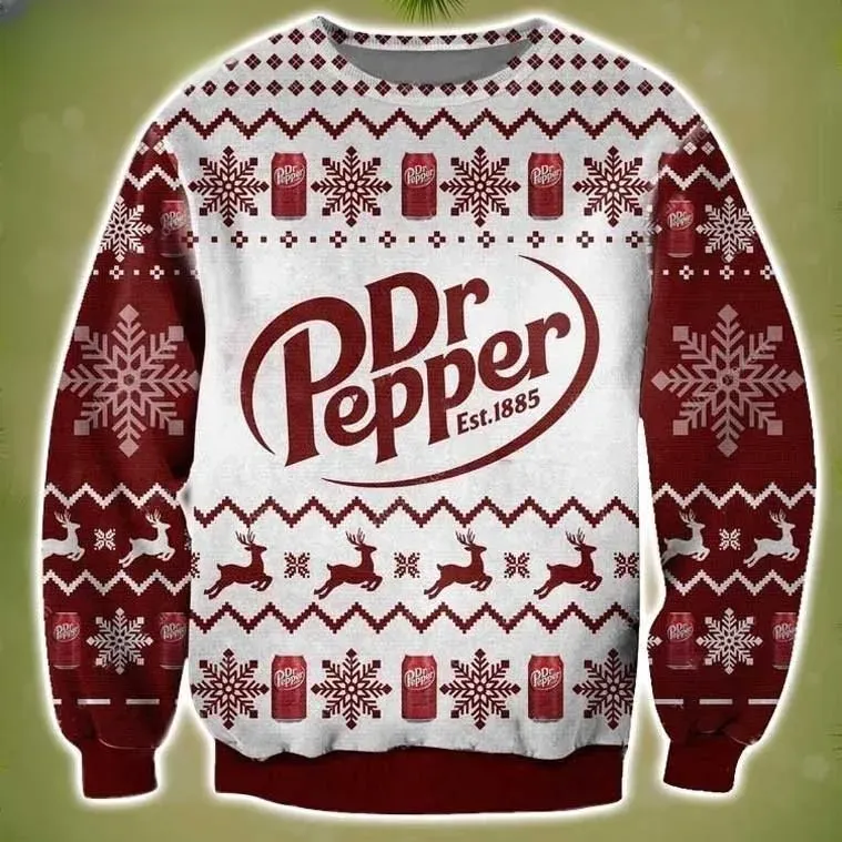 Dr Pepper Soda Ugly Christmas Sweater, Soda Lover Holiday Sweater, Unisex All Over Print Xmas Sweatshirt for Dr Pepper Fans