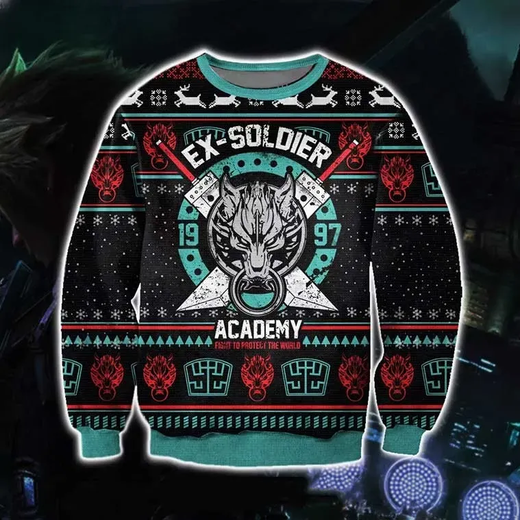 Final Fantasy VII Ex-Soldier Ugly Christmas Sweater, Cloud Strife Academy 1997 Gamer Holiday Sweater, Unisex All Over Print Xmas Sweatshirt