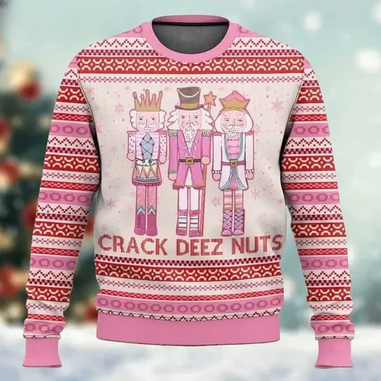 Pink Nutcracker Crack Deez Nuts Ugly Christmas Sweater, Funny Pastel Toy Soldier Holiday Sweater, Unisex Xmas Party Sweatshirt