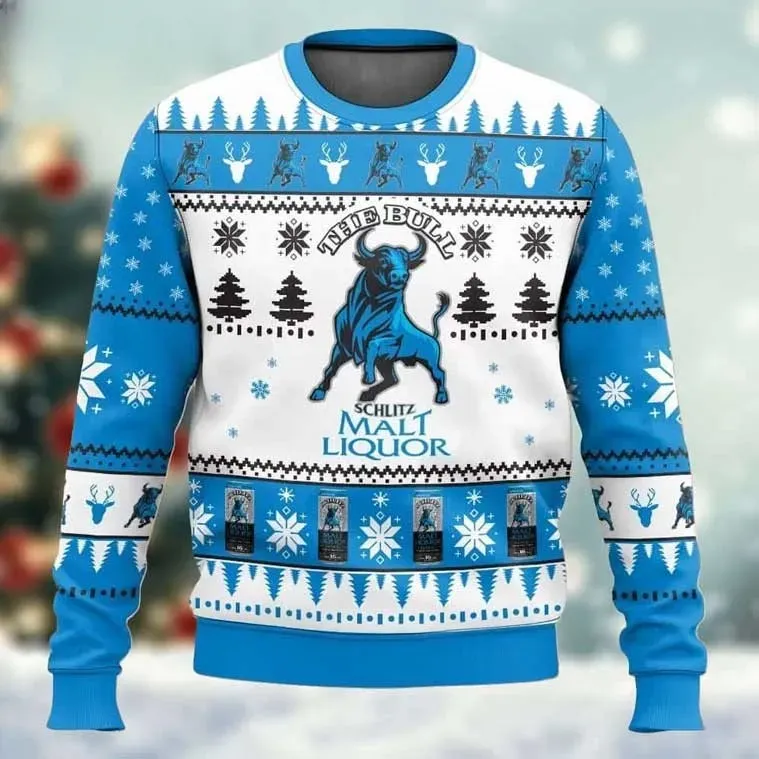 Schlitz Malt Liquor The Bull Ugly Christmas Sweater, Funny Beer Lover Holiday Sweater, Unisex All Over Print Xmas Party Sweatshirt