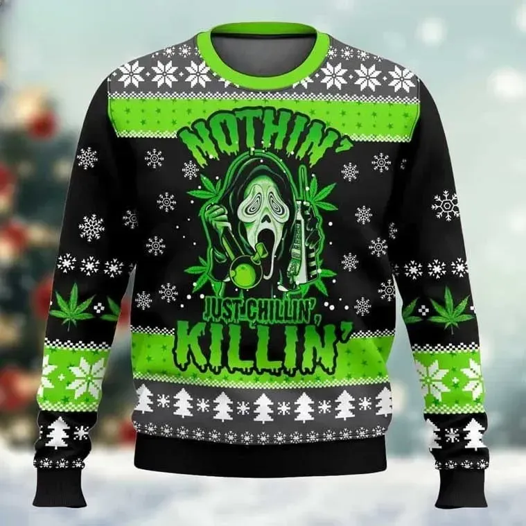 Scream Ghostface Just Chilling Killing Ugly Christmas Sweater, Neon Green Horror Movie Holiday Sweater, Unisex Xmas Sweatshirt