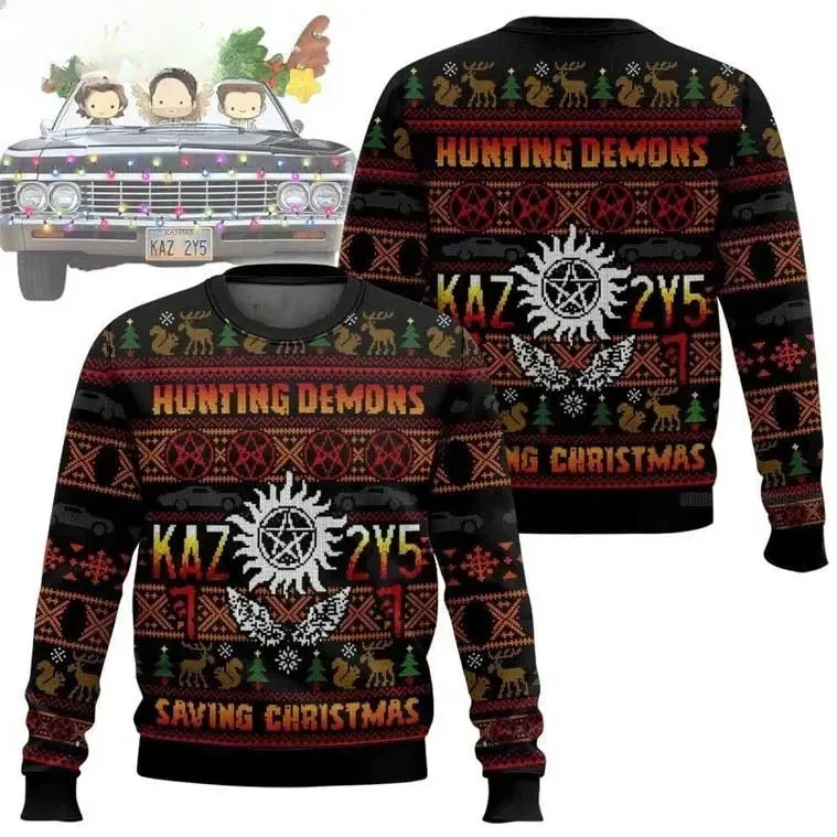 Supernatural KAZ 2Y5 Hunting Demons Saving Christmas Ugly Sweater, Impala License Plate Winchester Holiday Sweater, TV Show Xmas Sweater