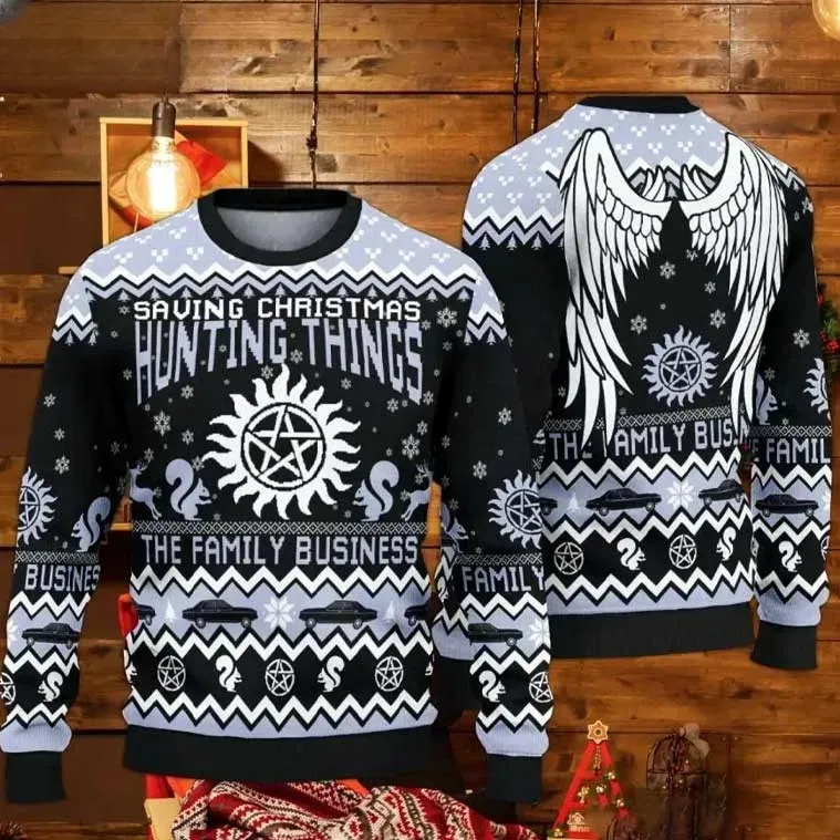 Supernatural Hunting Things The Family Business Christmas Ugly Sweater, Winchester Brothers SPN Holiday Sweater, TV Show Xmas Sweater