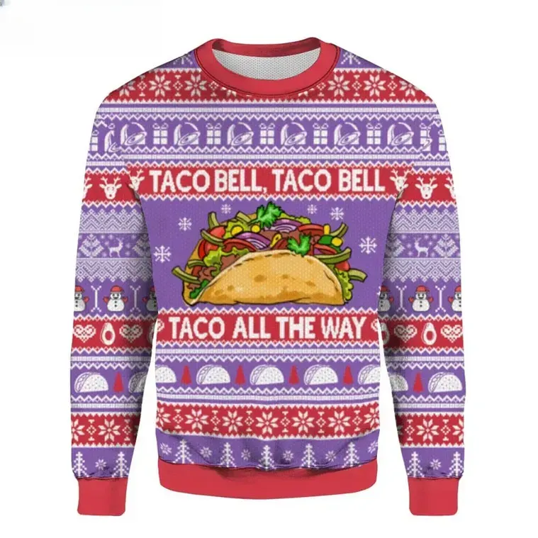 Taco Bell Taco All The Way Christmas Ugly Sweater, Funny Taco Lover Holiday Sweater in Purple and Red, Unisex Xmas Sweatshirt