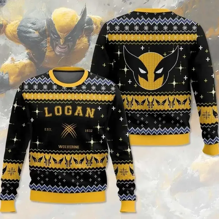 Wolverine Logan X-Men Christmas Ugly Sweater, Marvel Holiday Sweater in Black and Yellow, Unisex All Over Print Xmas Sweatshirt