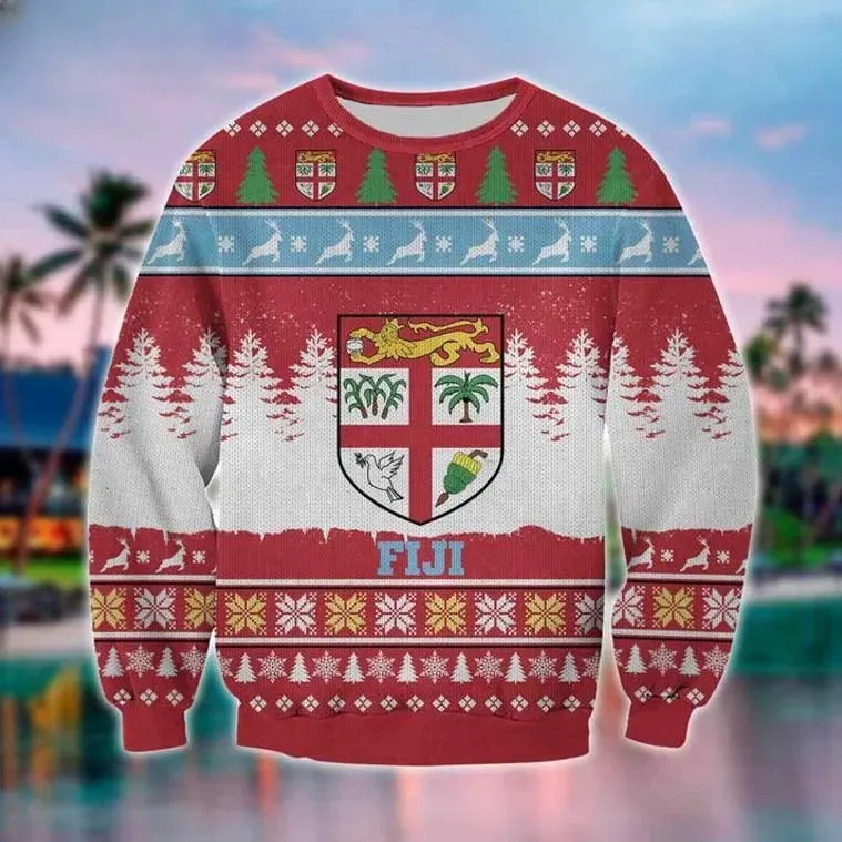 Fiji Island Fijian Coat of Arms Ugly Christmas Sweater, Pacific Island Pride Holiday Sweater, Unisex All Over Print Xmas Sweatshirt