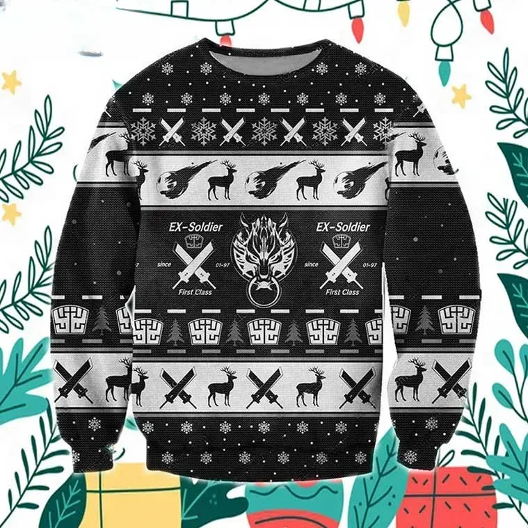Final Fantasy Gamer Ugly Christmas Sweater, Ex-Soldier First Class Fenrir Holiday Sweater, Unisex All Over Print Gaming Xmas Sweatshirt