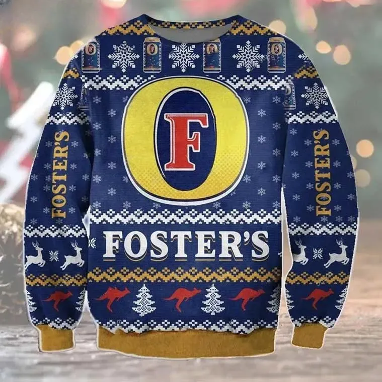 Fosters Australian Lager Beer Ugly Christmas Sweater, Beer Lover Holiday Sweater, Unisex All Over Print Xmas Party Sweatshirt