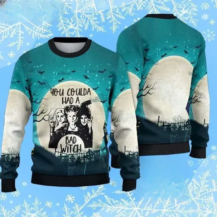 Hocus Pocus You Coulda Had A Bad Witch Ugly Sweater, Sanderson Sisters Halloween Holiday Sweater, Unisex All Over Print Spooky Sweatshirt