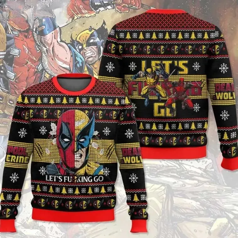 Deadpool Wolverine Let's Fcking Go Ugly Sweater, Marvel Antihero Duo Christmas Holiday Sweater, Unisex All Over Print Xmas Sweatshirt
