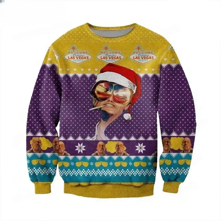Fabulous Las Vegas Ugly Christmas Sweater, Fear and Loathing Gonzo Santa Holiday Sweater, Unisex All Over Print Sin City Xmas Sweatshirt