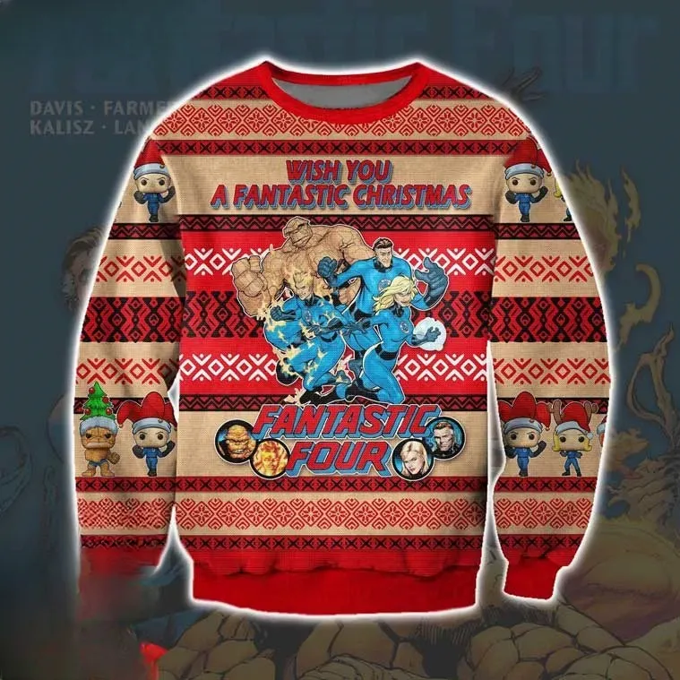 Fantastic Four Wish You A Fantastic Christmas Ugly Sweater, Marvel Comic Book Holiday Sweater, Unisex All Over Print Xmas Sweatshirt